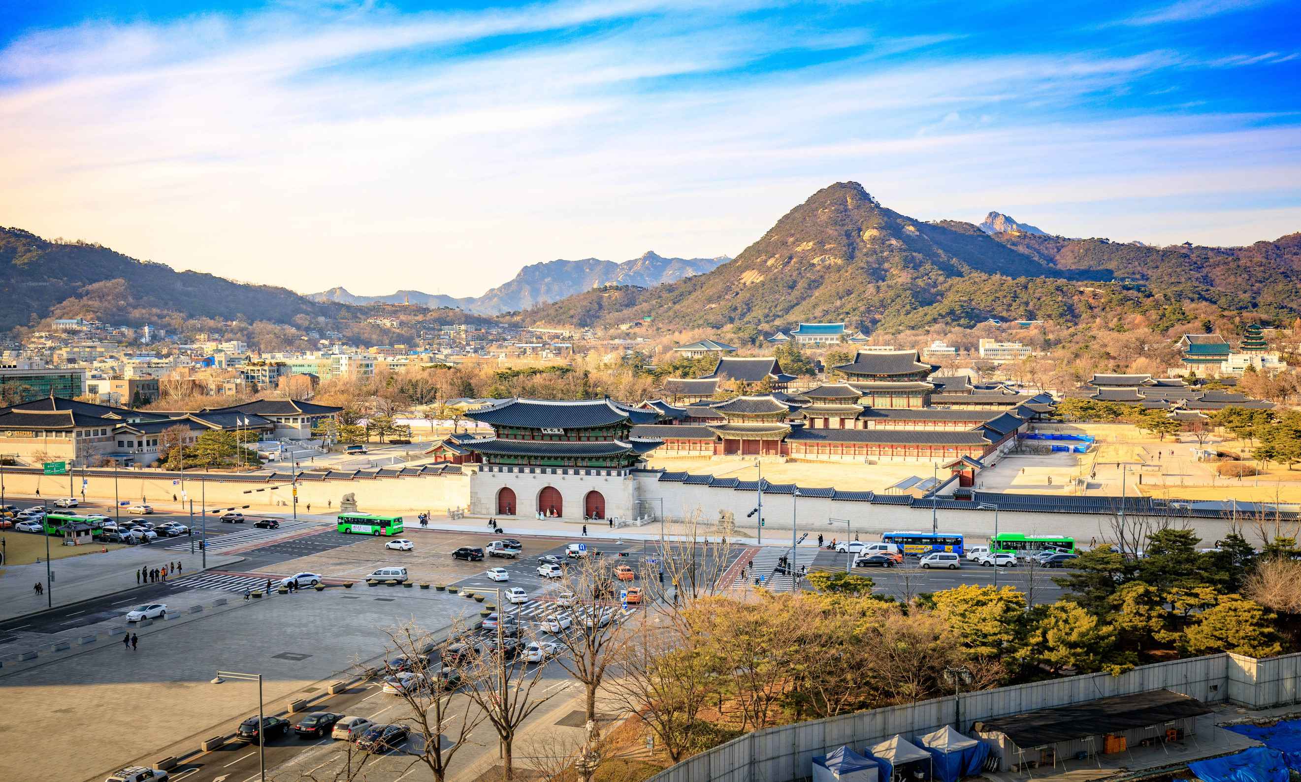 Aerial View Of Gyeongbok Palace And The Blue House In Seoul City Aerial View Of Gyeongbok Palace And The Blue House In Seoul City