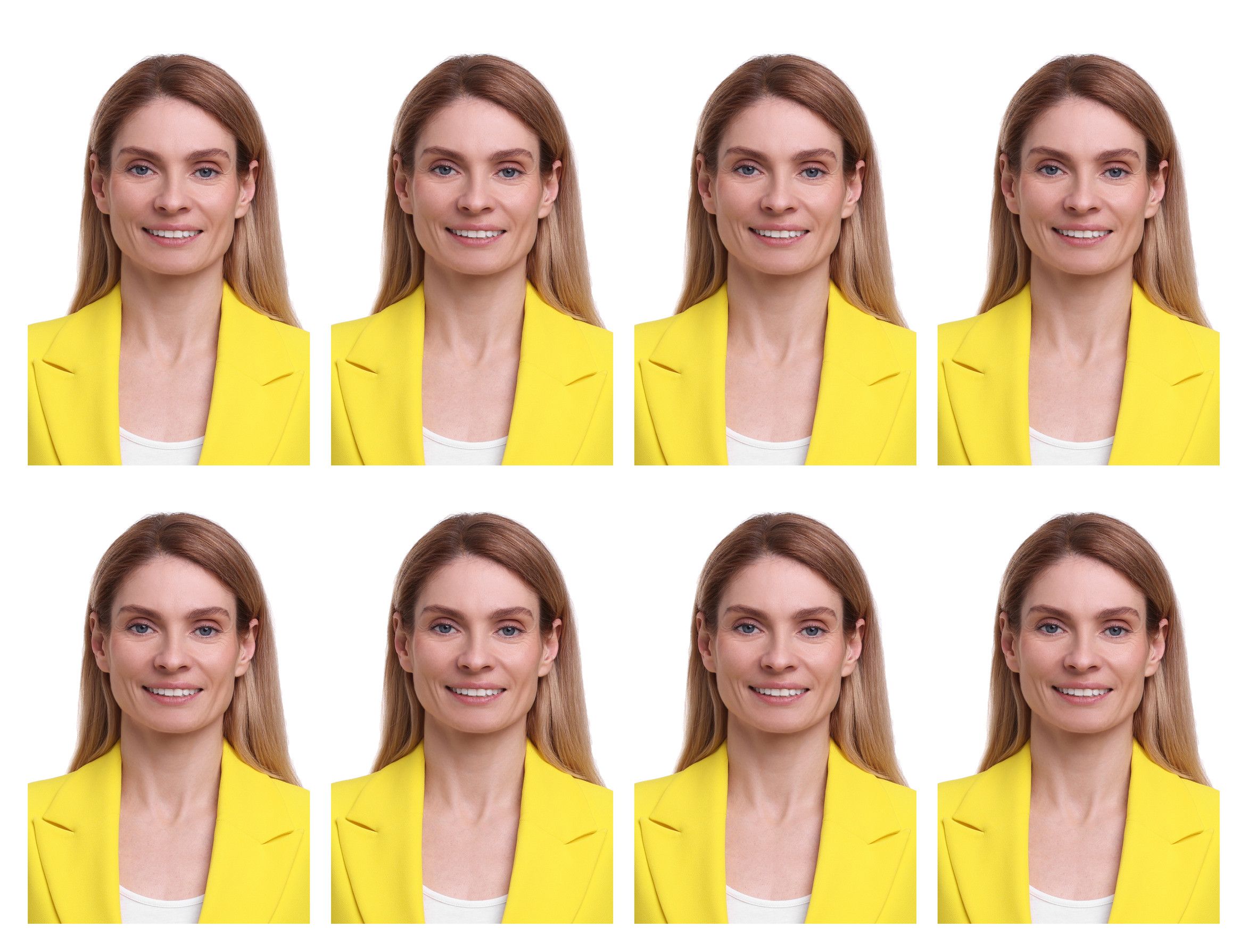 Portrait Of Woman On White Background Set Passport Photo